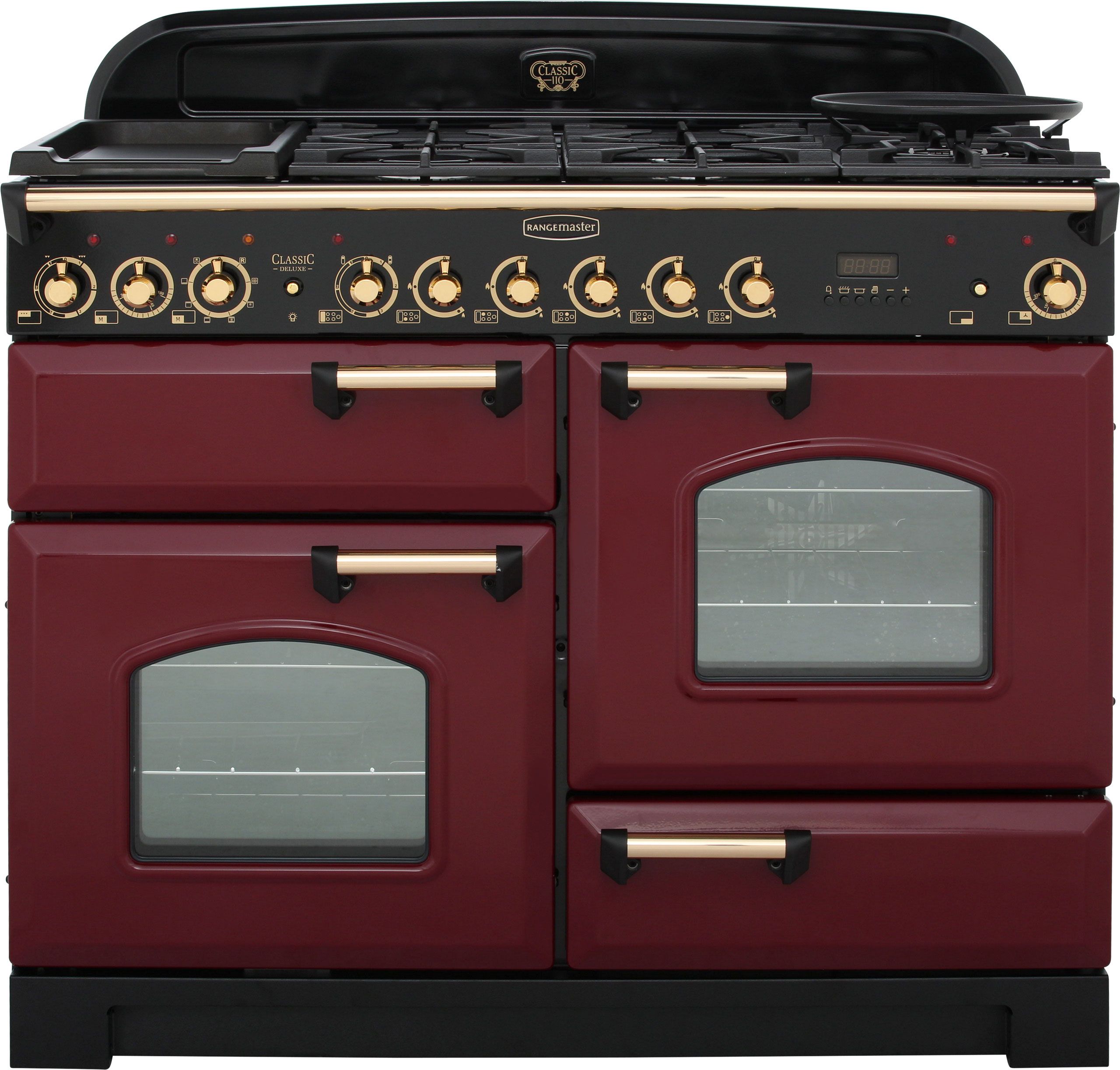 Rangemaster Classic Deluxe CDL110DFFCY/B 110cm Dual Fuel Range Cooker - Cranberry / Brass - A/A Rated, Red