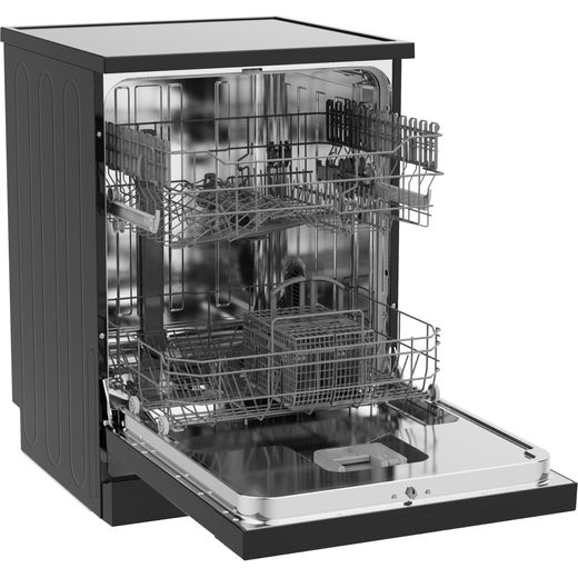 Hisense Standard Dishwasher - Black - Right perspective rack trays open shot