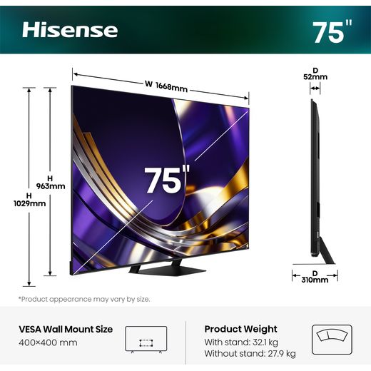 Hisense 75" 4K Ultra HD Smart Freely TV [2026] - Dimensions