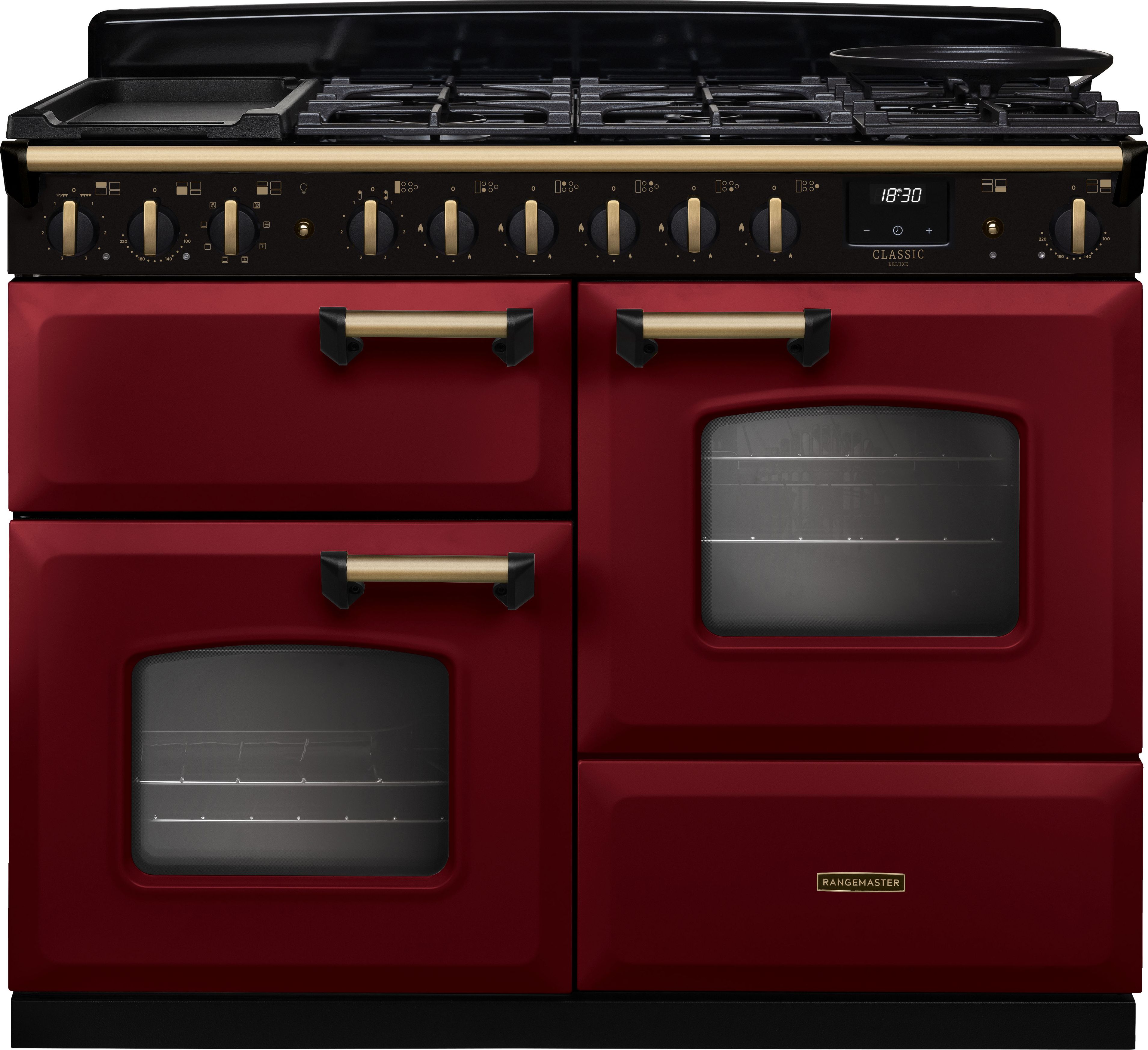Image of Rangemaster Classic Deluxe 110 CLDLO110DFPBOR/AB1 110cm wide Dual Fuel Range Cooker with Gas Hob - Bordeaux / Chrome - A Rated, Red