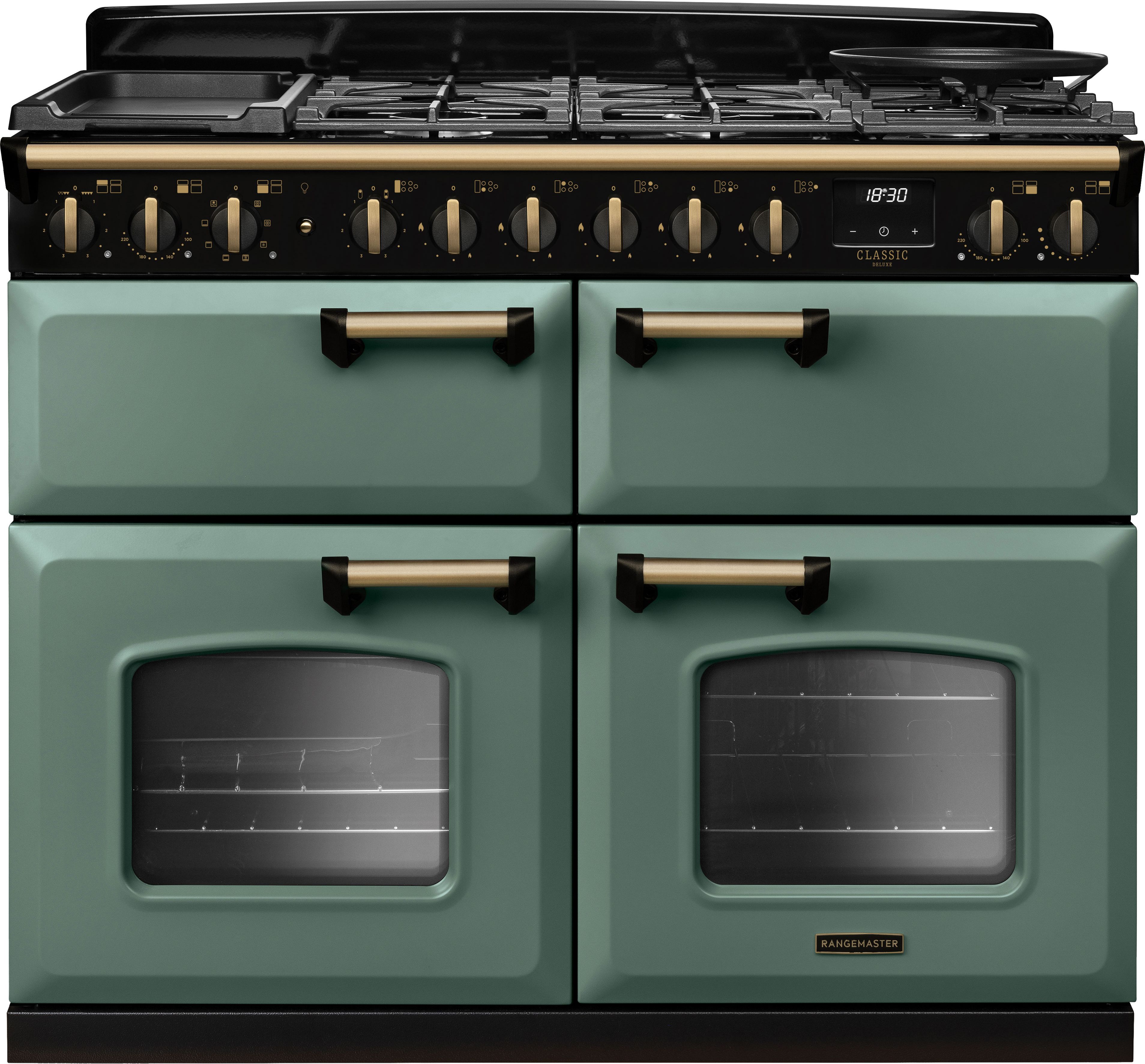 Image of Rangemaster Classic Deluxe 110 CLDLB110DFPMGR/AB1 110cm wide Dual Fuel Range Cooker with Gas Hob - Mineral Green / Antique Brass - A/A/A Rated, Green