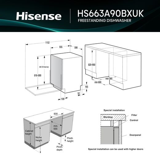 Hisense Standard Dishwasher - Stainless Steel - Annotation - Dimension shot 