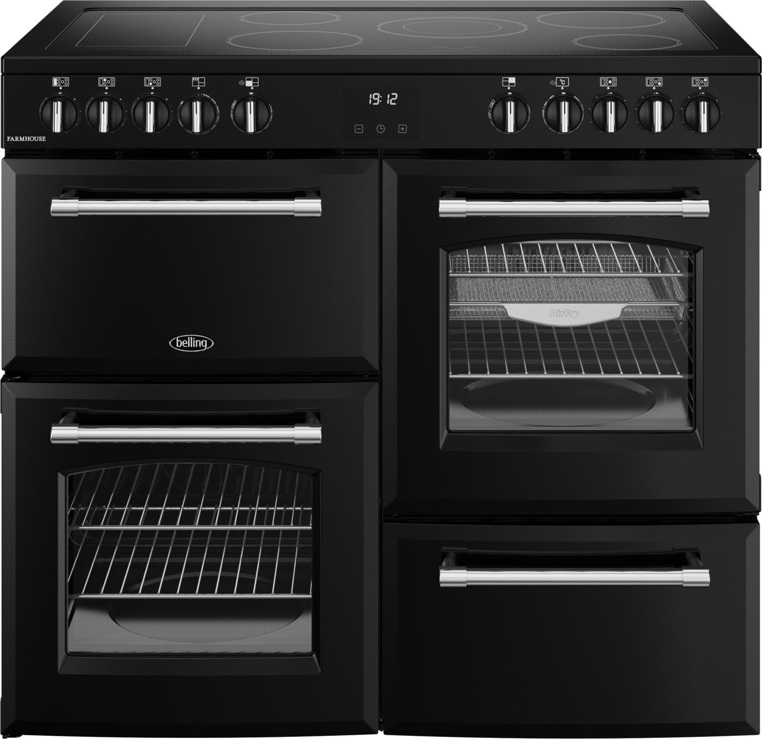 Image of Belling Farmhouse 100E 100cm wide Electric Range Cooker with Ceramic Hob - Black - A/A Rated, Black