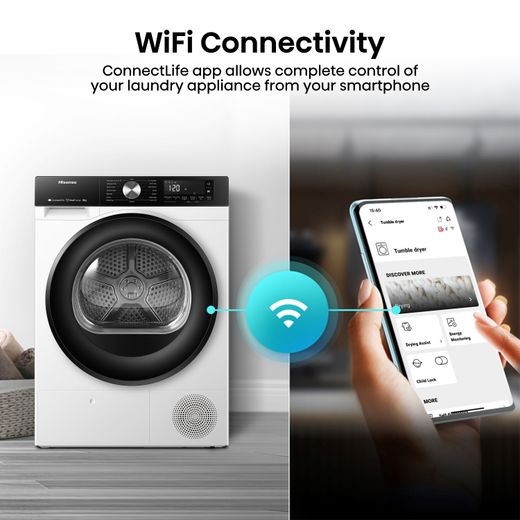Hisense 3S Series DH3S802BW3 Wifi Connected 8Kg Heat Pump Tumble Dryer - White - Annotation - WIFI connectivity