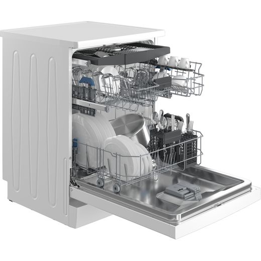 Beko Standard Dishwasher - White - front angle door open loaded with plates, glasses and cutlery