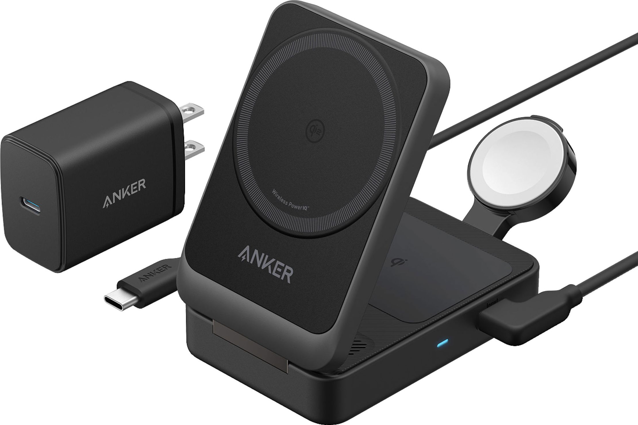 Image of Anker MagGo 3-in-1 Folding 40 Watt MagGo Wireless Charging Station (Foldable 3-in-1) for iPhone 12 and Above, Apple Watch 7 and Above, AirPods (With Wireless Charging Case) And More - Black, Black