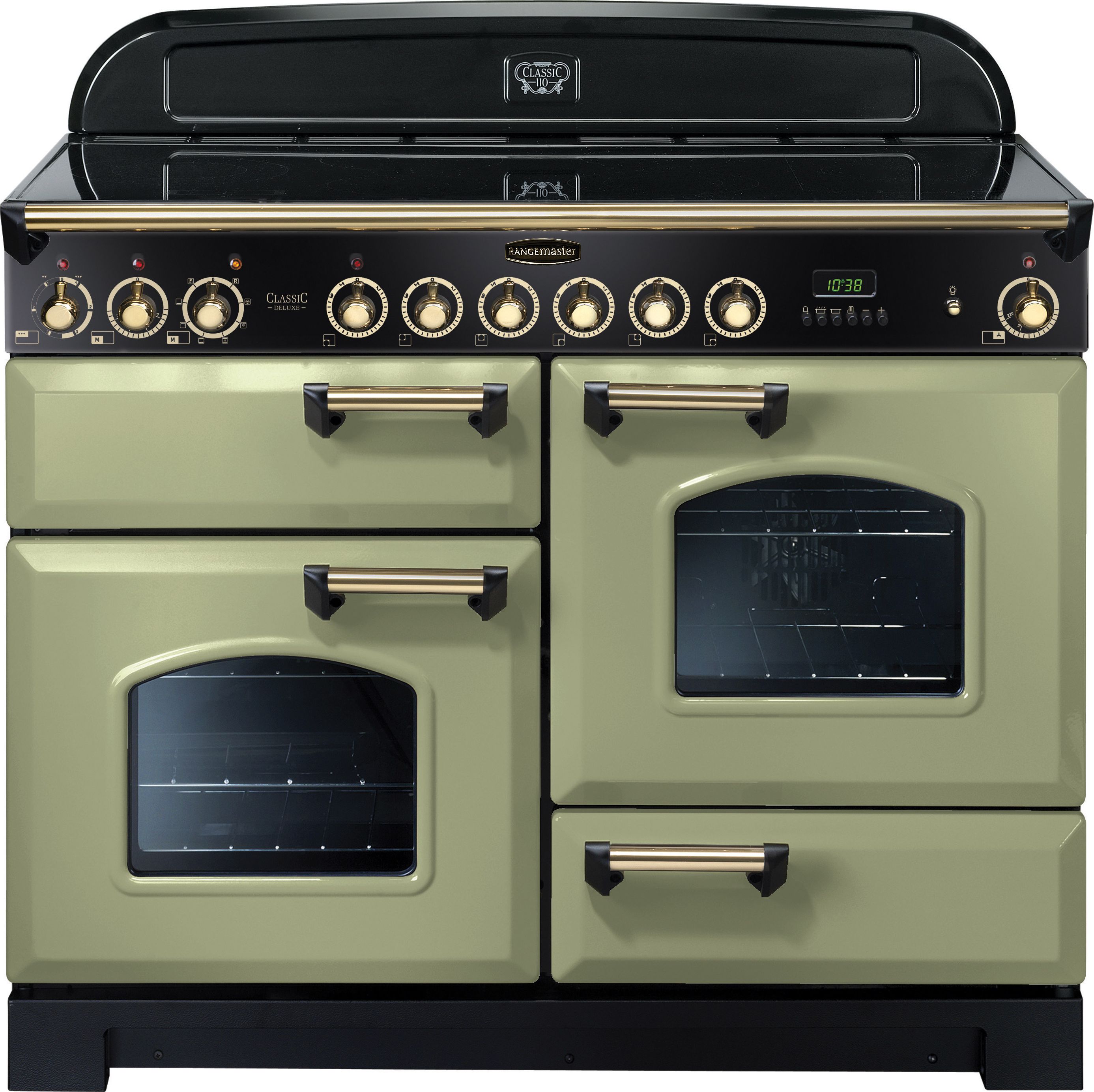 Rangemaster Classic Deluxe CDL110ECOG/B 110cm Electric Range Cooker with Ceramic Hob - Olive Green / Brass - A/A Rated, Green