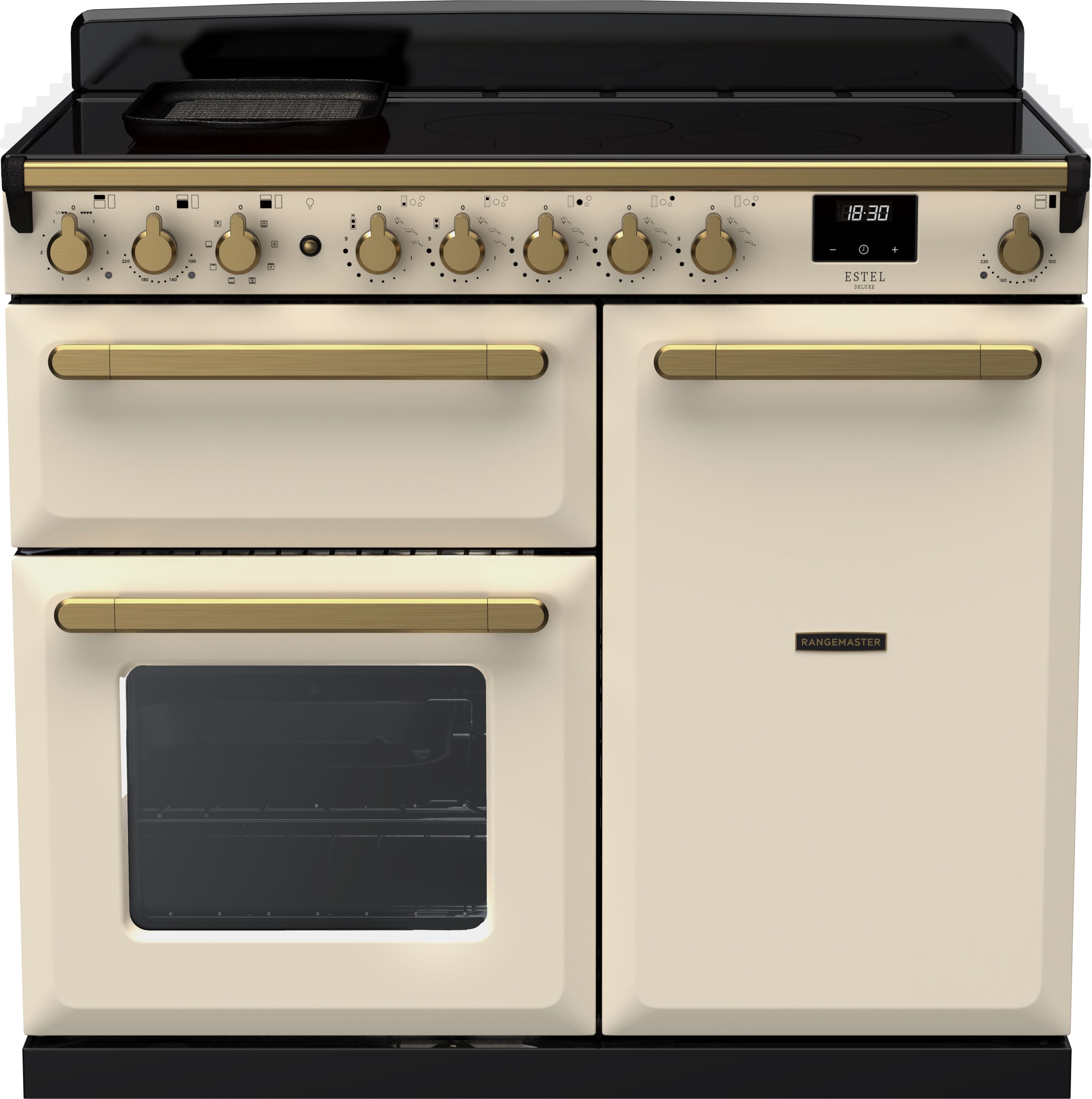 Image of Rangemaster Estel Deluxe ESDL100EIPPCR/AB1 100cm wide Electric Range Cooker with Induction Hob - Cream / Antique Brass - A/A Rated, Cream