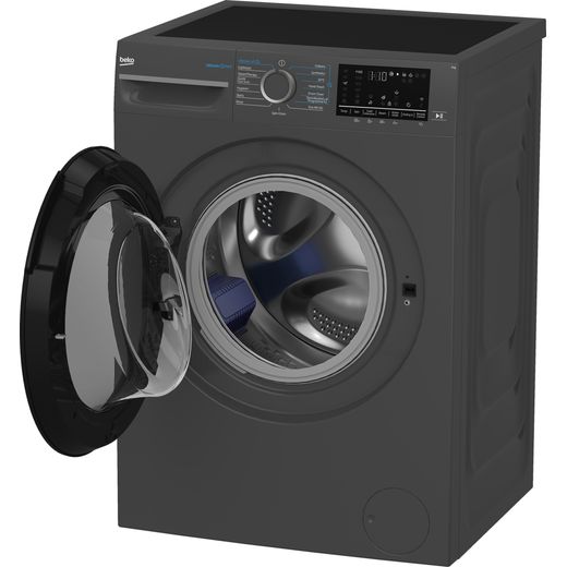 Beko BM5WT6943TA 9kg WiFi Connected Washing Machine with 1400 rpm - Anthracite - left perpsective with door open shot 