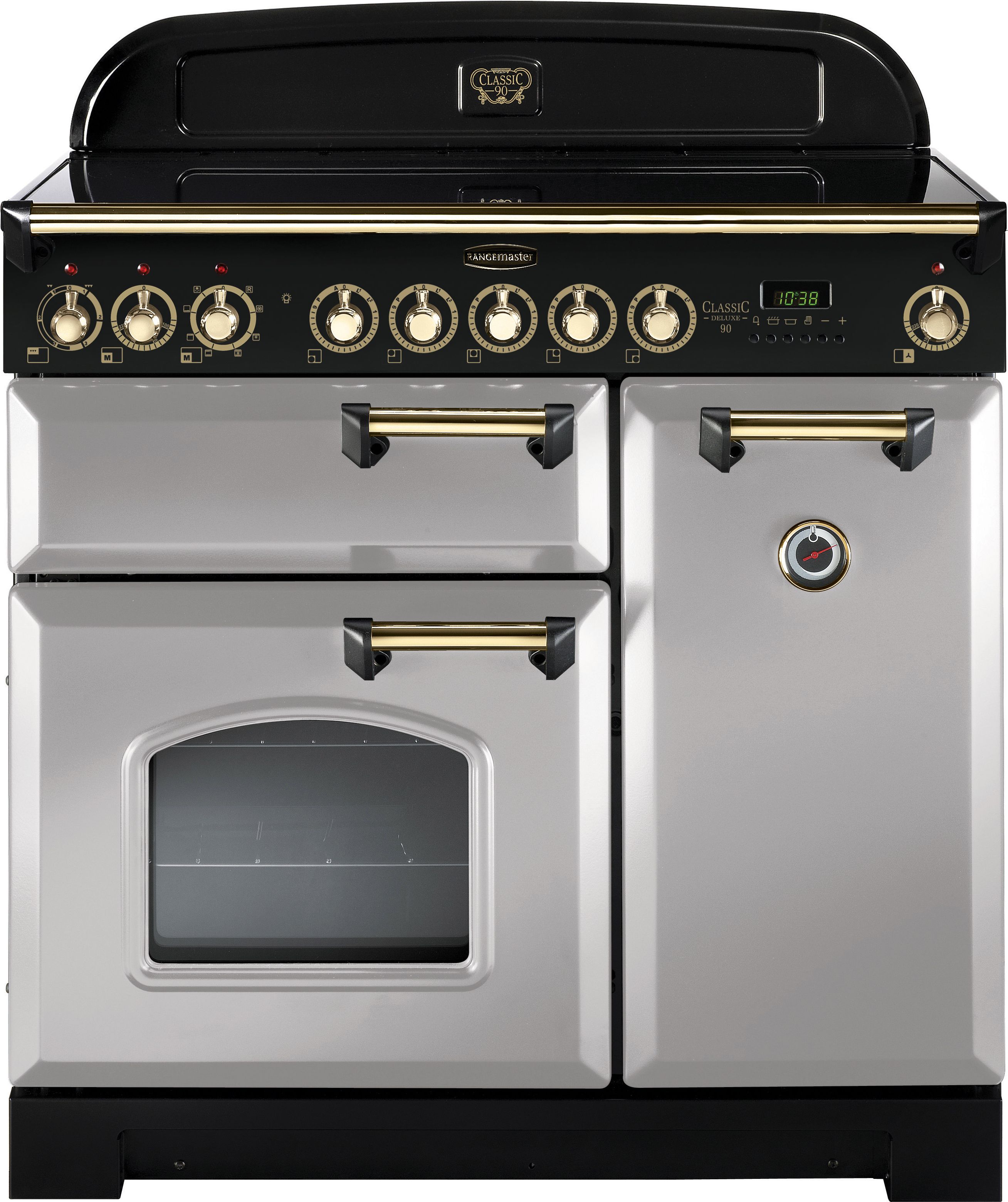 Rangemaster Classic Deluxe CDL90EIRP/B 90cm Electric Range Cooker with Induction Hob - Royal Pearl / Brass - A/A Rated, Grey