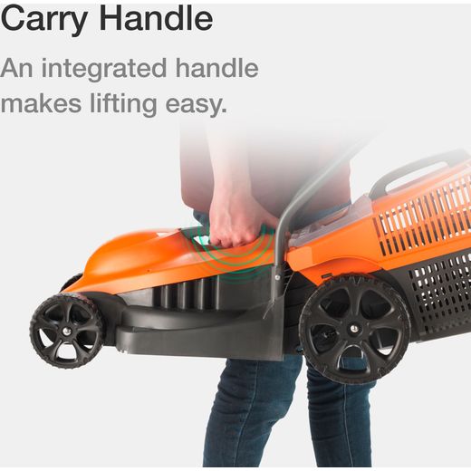 Flymo SimpliMow 320V Corded Lawn Mower - Orange - annotation - carry handle shot