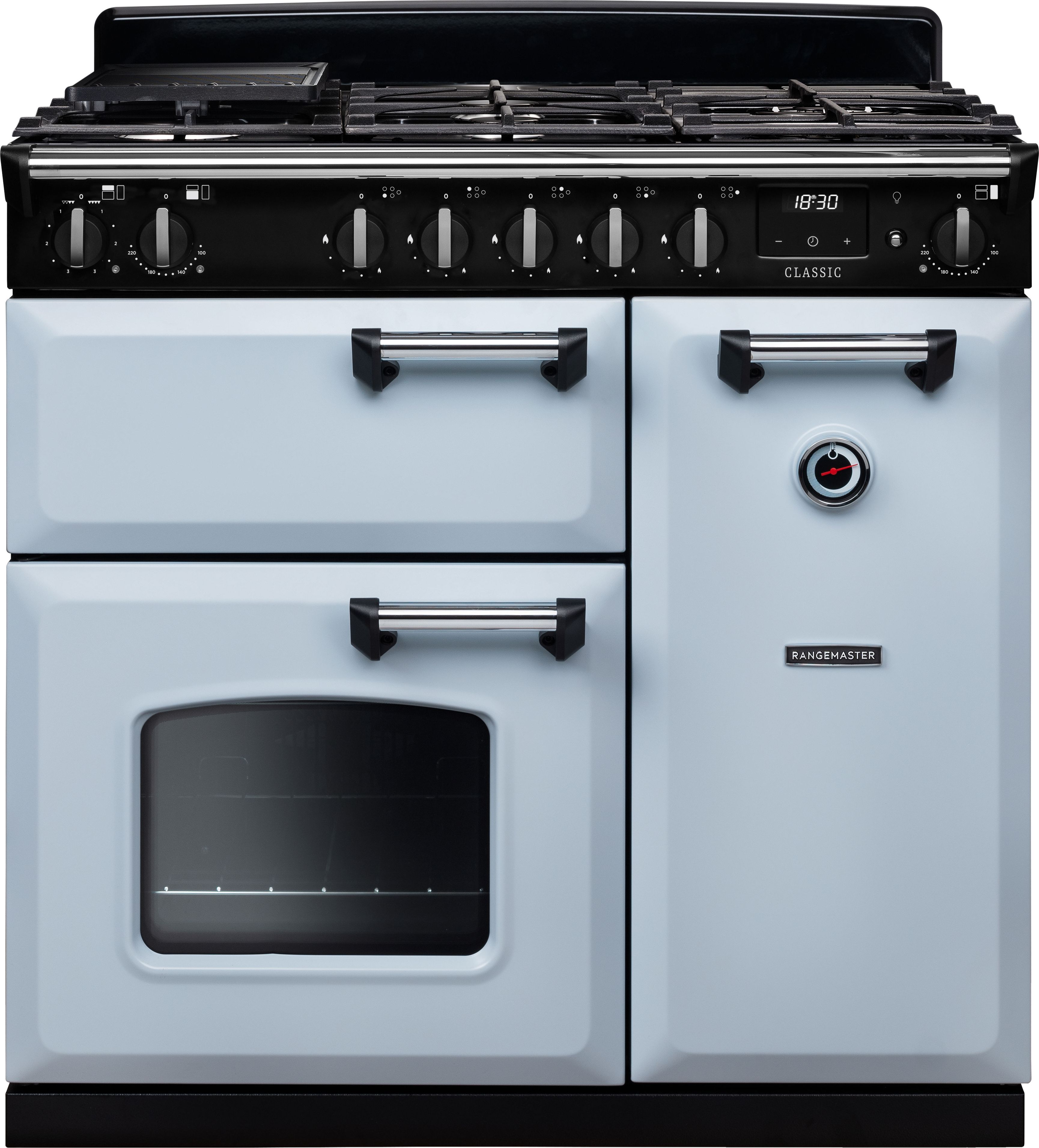 Image of Rangemaster Classic CL90DFPMSB/CM1 90cm wide Dual Fuel Range Cooker with Gas Hob - Misty Blue / Chrome - A/A Rated, Blue