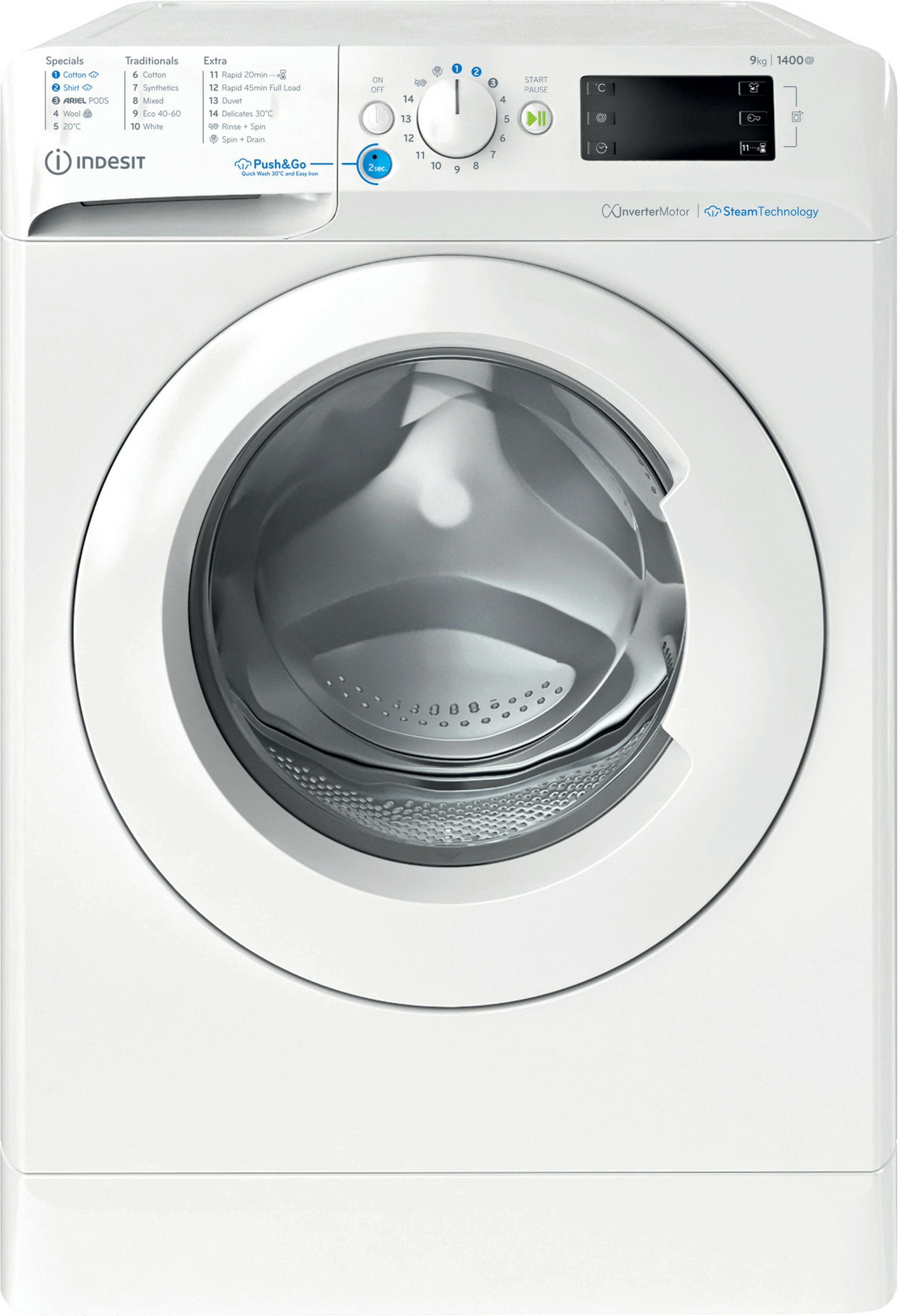 Indesit Push&Go BWE 91496X WV UK 9kg Washing Machine with 1400 rpm - White - A Rated, White