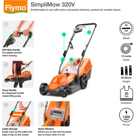 Flymo SimpliMow 320V Corded Lawn Mower - Orange - Annotation - feature shot