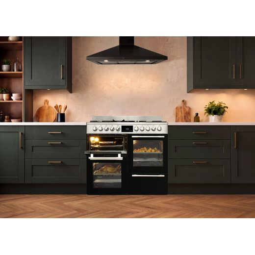 Hotpoint RH100FA21BX 100cm wide Dual Fuel Range Cooker with Gas Hob - Stainless Steel / Black - cooker in kitchen shot
