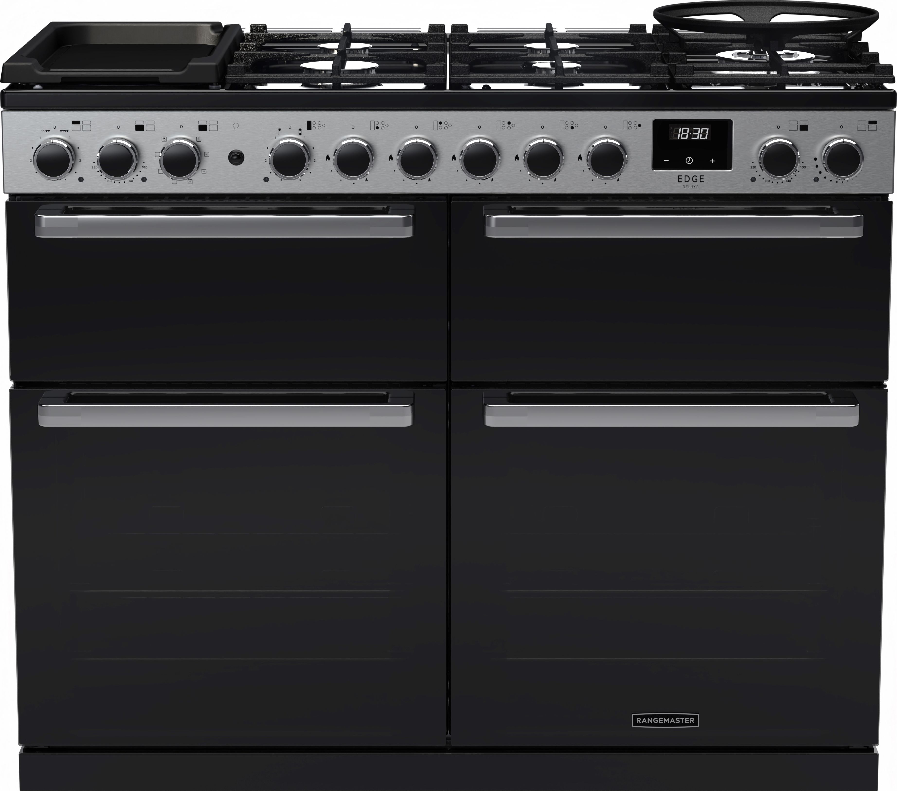 Image of Rangemaster Edge Deluxe EDDLB110DFGBLK/CM1 110cm wide Dual Fuel Range Cooker with Gas Hob - Black Glass / Chrome - A/A Rated, Black