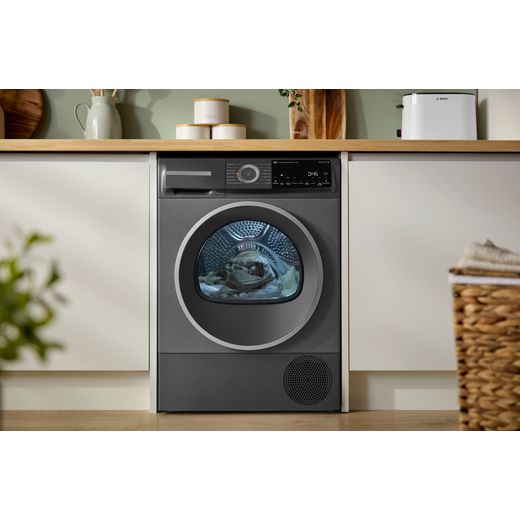Bosch Series 6 WQH246DRGB 9Kg Heat Pump Tumble Dryer - Cast Iron Grey - machine in kitchen shot