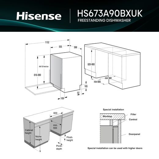 Hisense Standard Dishwasher - Black Inox - Annotation - Dimensions shot 