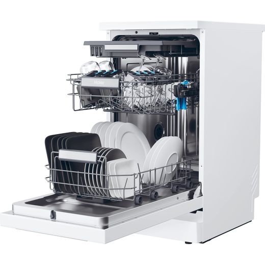 Haier I-Pro Shine Series 5 Slimline Dishwasher - White - Left perspective door open and racks out