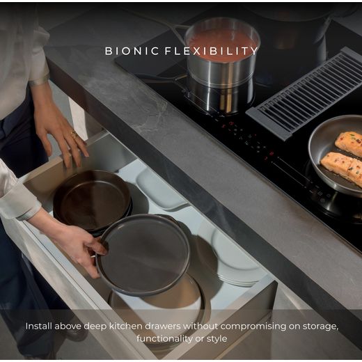 Haier I-Dual Series 6 HAIH82MTMCF 80cm Induction Extractor Hob - Black - For Ducted/Recirculating Ventilation - Annotation - Install above deep kitchen drawers