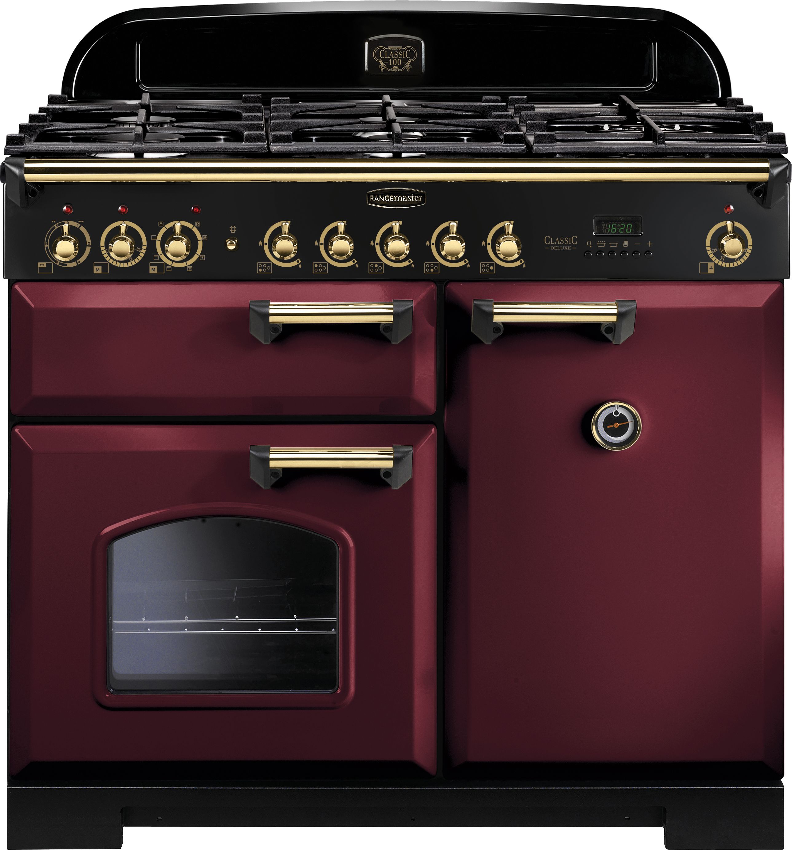 Rangemaster Classic Deluxe CDL100DFFCY/B 100cm Dual Fuel Range Cooker - Cranberry / Brass - A/A Rated, Red