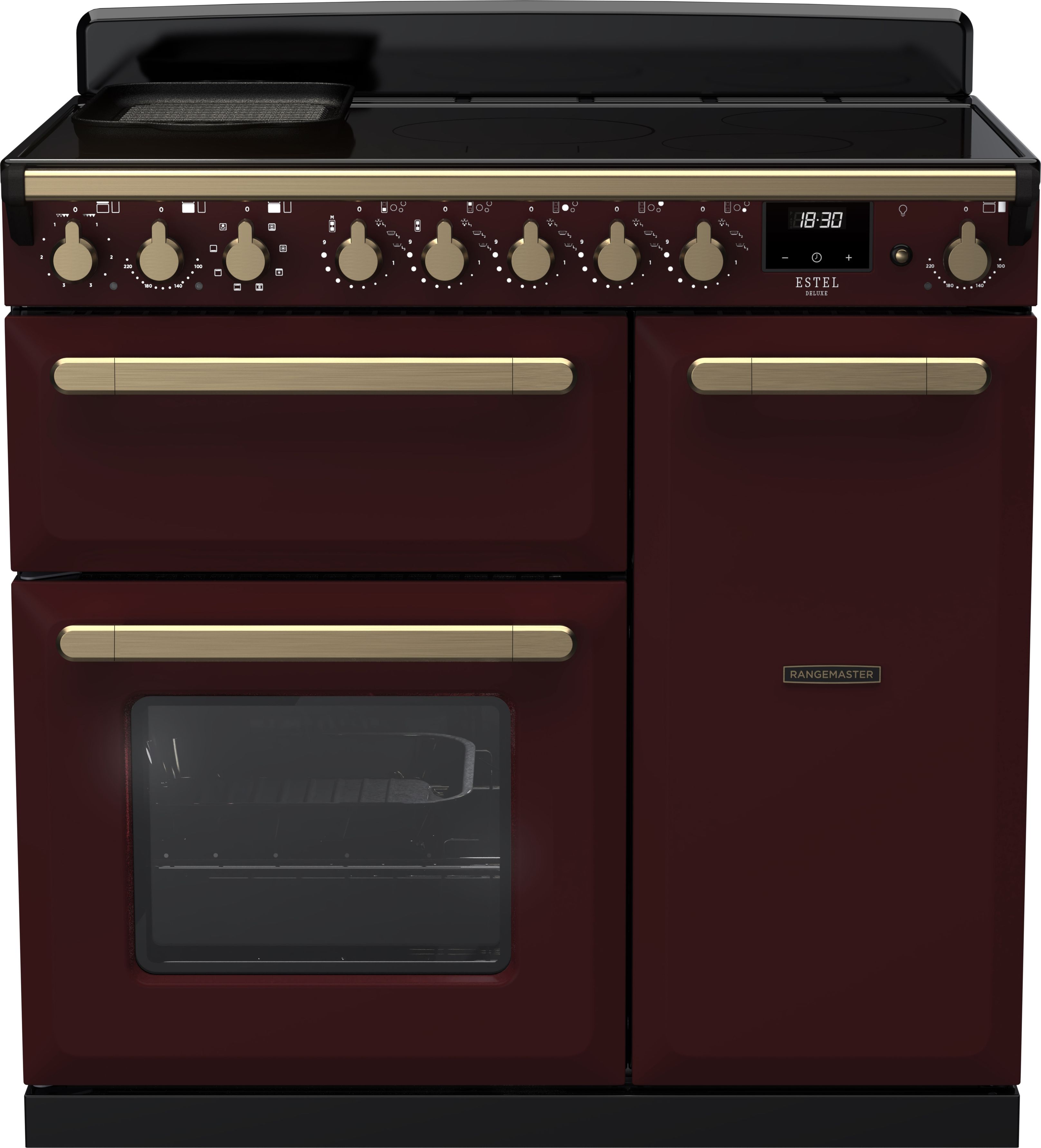 Image of Rangemaster Estel Deluxe ESDL90EIPBOR/AB1 90cm wide Electric Range Cooker with Induction Hob - Bordeaux / Antique Brass - A/A Rated, Red