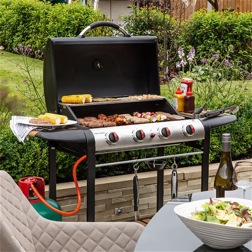 George Foreman 4 Burner Gas Barbeque - Black / Wood - Close up bbq cooking food