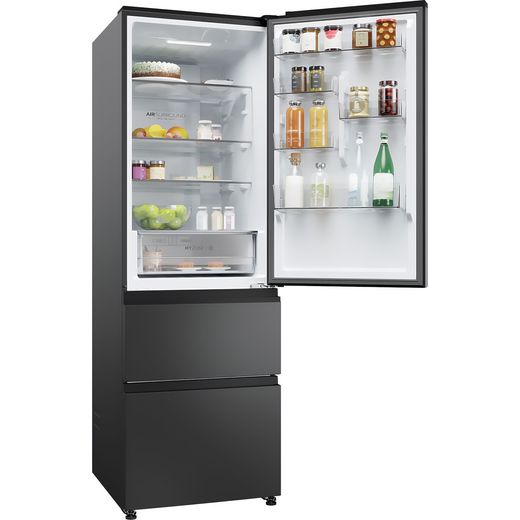 Haier 3D 60 Series 3 60/40 Total No Frost Fridge Freezer - Slate Black - Right perspective with door open shot
