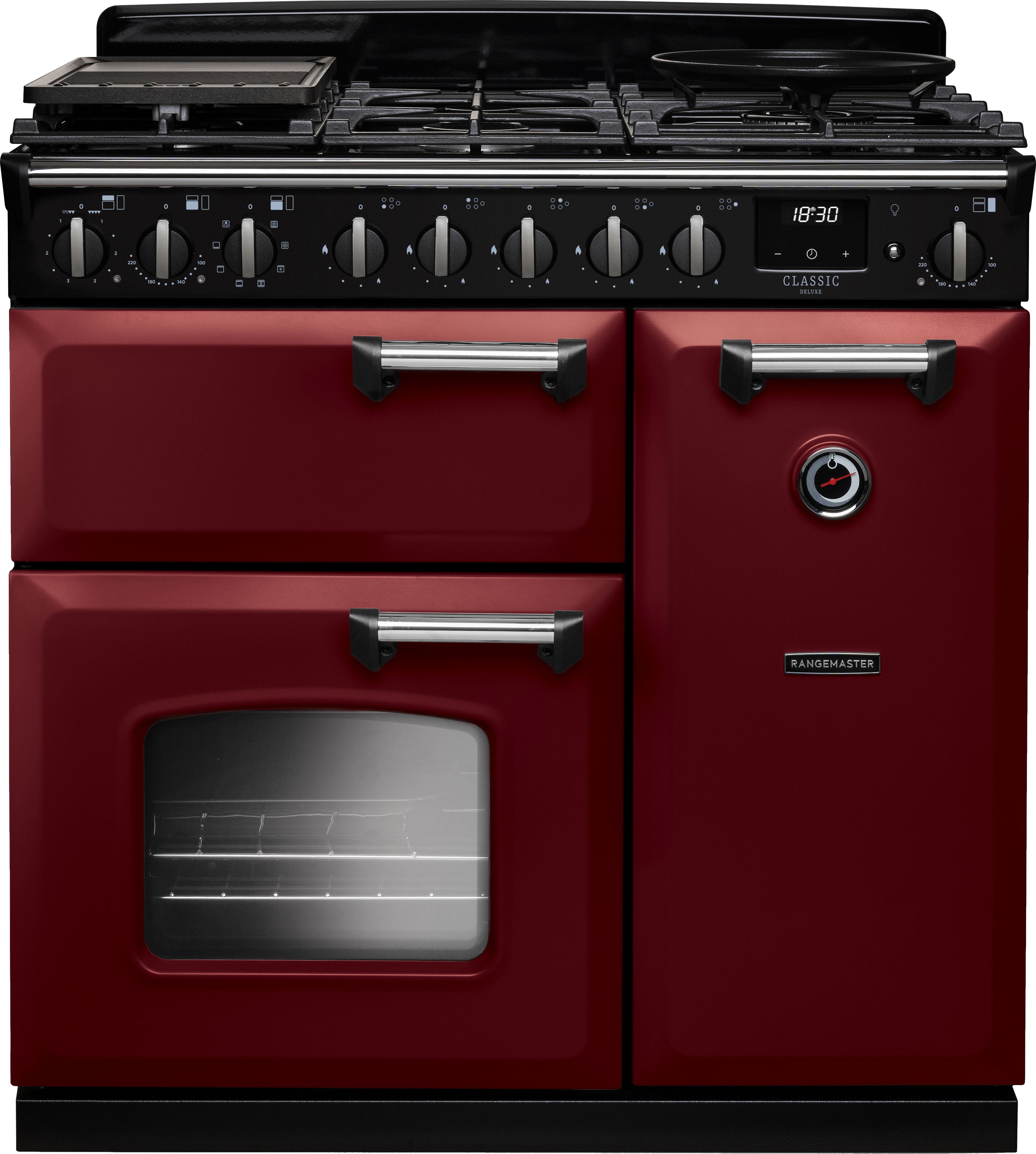 Image of Rangemaster Classic Deluxe CLDL90DFPBOR/CM1 90cm wide Dual Fuel Range Cooker with Gas Hob - Bordeaux / Chrome - A Rated, Red