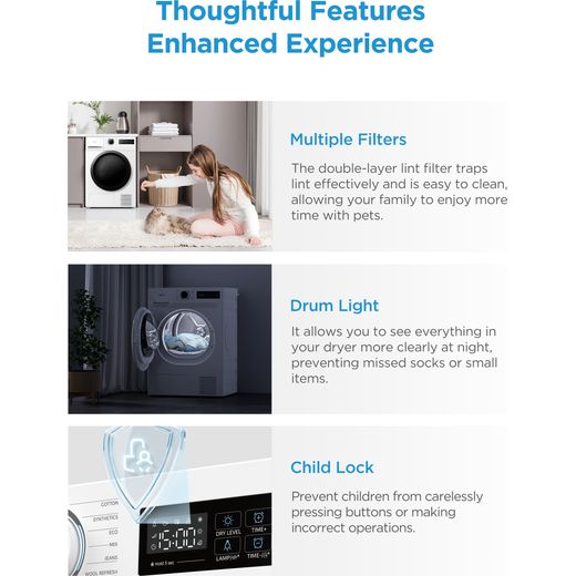 Midea MD110H80D/W-UK Heat Pump Tumble Dryer - White - Annotation - Thoughtful features
