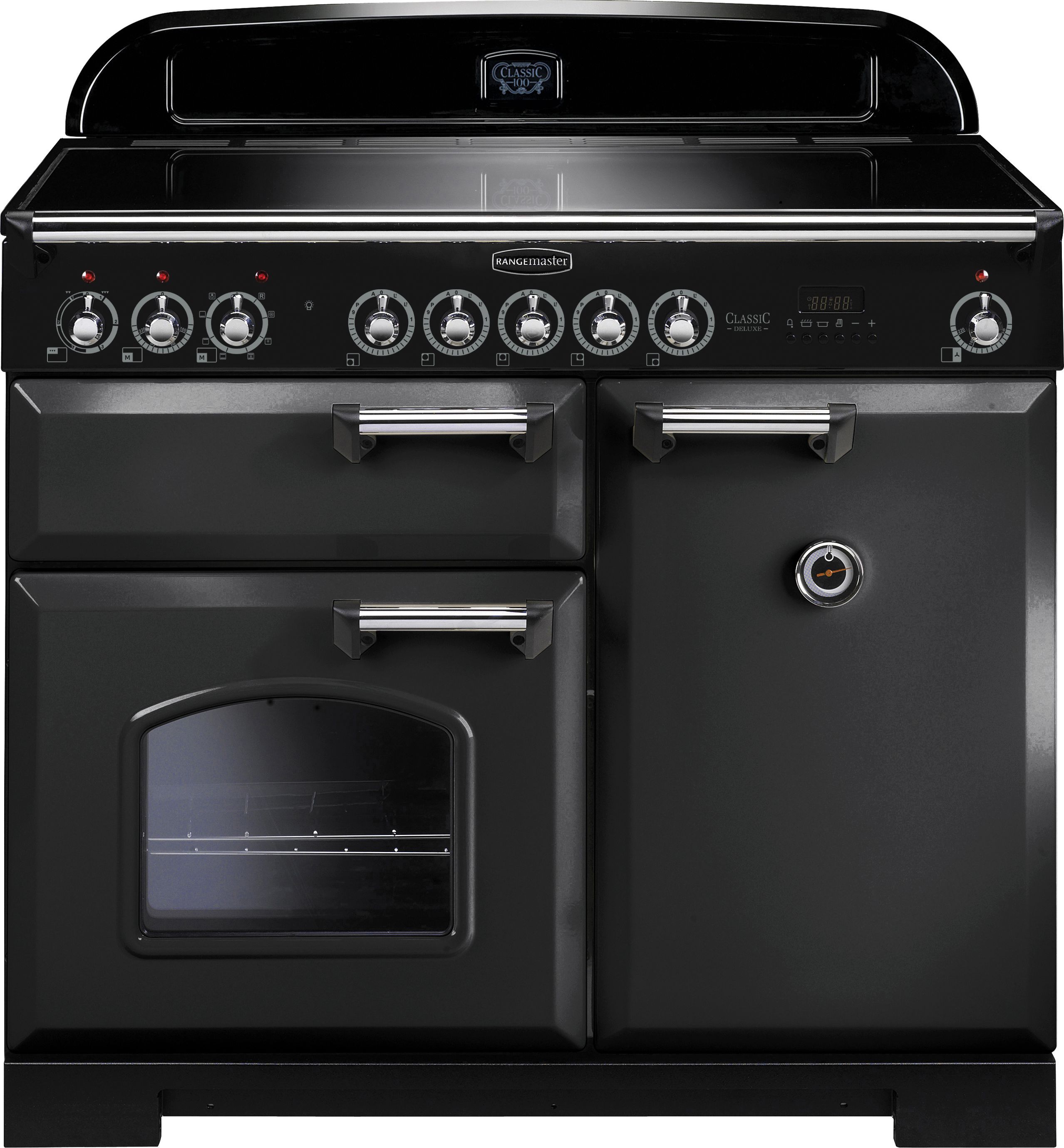 Rangemaster Classic Deluxe CDL100EICB/C 100cm Electric Range Cooker with Induction Hob - Charcoal Black / Chrome - A/A Rated, Black