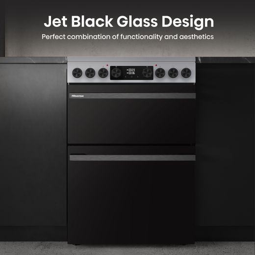 Hisense Hi6 Max HDCEC6C20X 60cm Wide Double Oven Electric Cooker with Ceramic Hob - Stainless Steel - Annotation - Jet black glass design