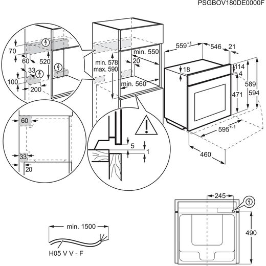 AEG ProAssist Built In Electric Single Oven - Matt Black - Annotation - Dimension shot