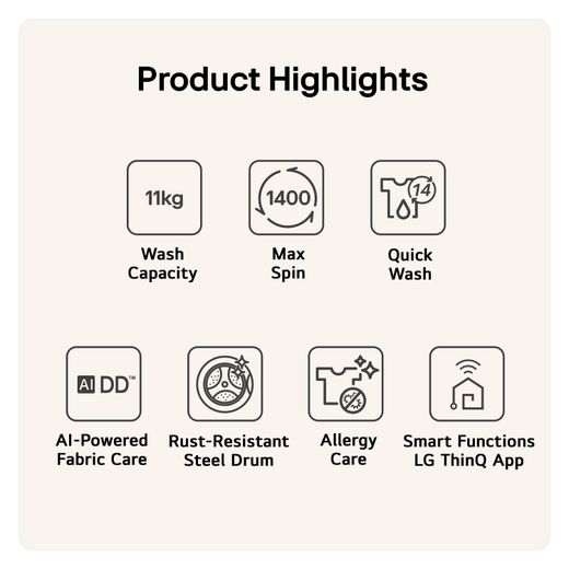 LG Series 4 Pro AI Direct Drive F4Y711NCTN1 11kg Washing Machine with 1400 rpm - Onyx Black - Annotation - Product highlights