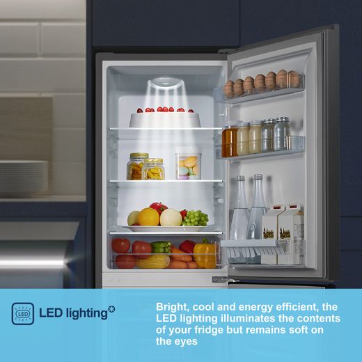 Fridgemaster MC50165ES 143cm 60/40 Small Fridge Freezer - Silver - Annotation - LED light shot