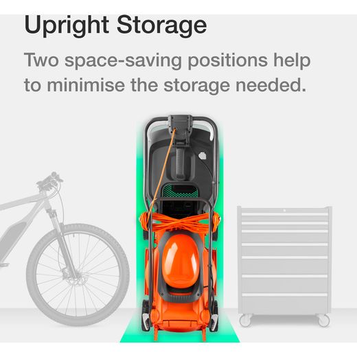 Flymo EasiStore 380R Corded Lawn Mower - Sunset Orange - annotation - upright storage shot