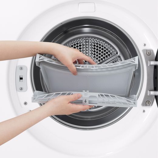 LG VX70 Series AI Dry RHX7009TWB Wifi Connected 9Kg Heat Pump Tumble Dryer - White  - person using lint try shot