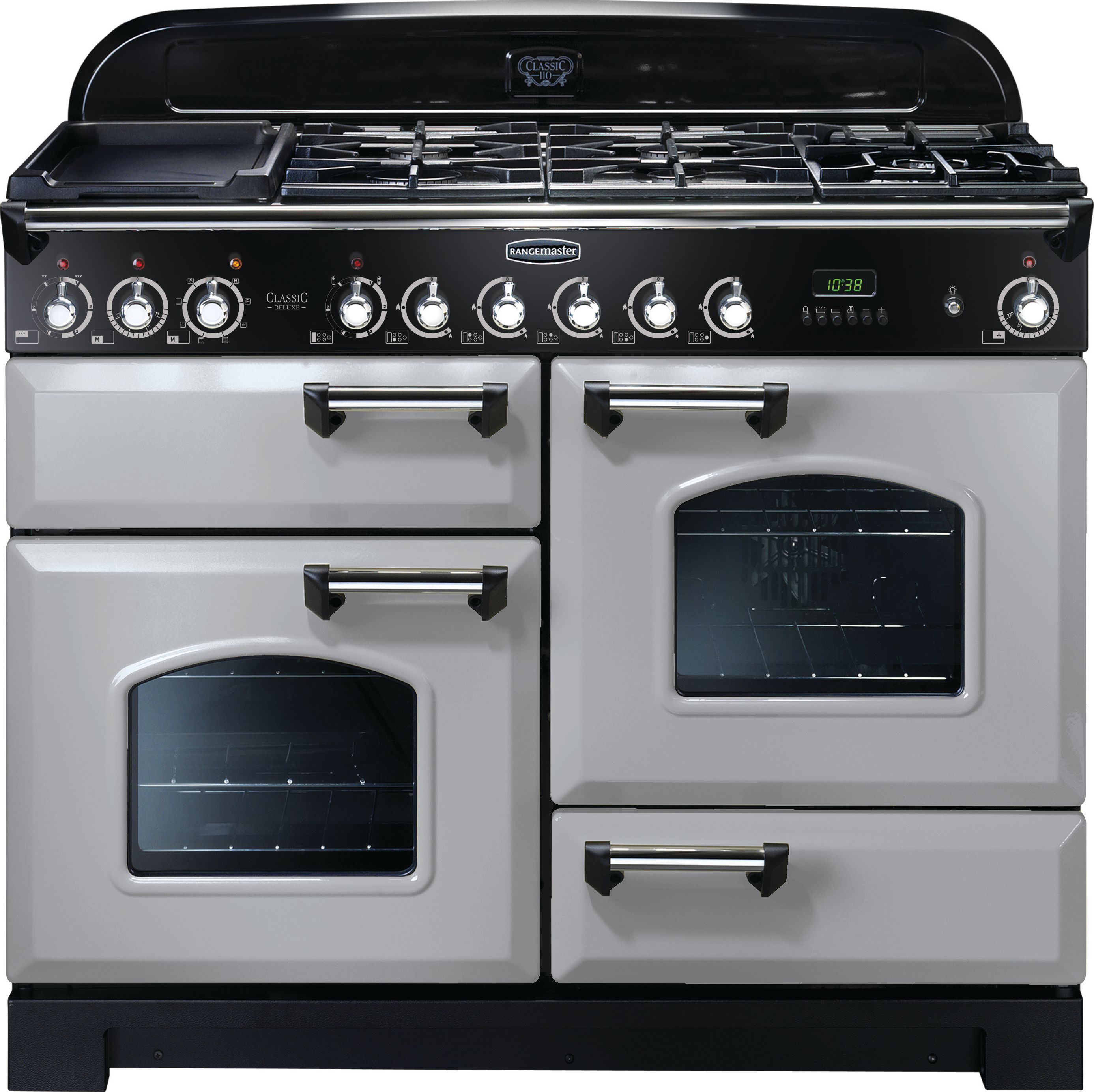 Rangemaster Classic Deluxe CDL110DFFRP/C 110cm Dual Fuel Range Cooker - Royal Pearl / Chrome - A/A Rated, Grey
