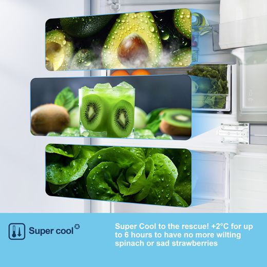 Fridgemaster MBC55224FE 177cm 50/50 Integrated Frost Free Fridge Freezer with Sliding Door Fixing Kit - White - Annotation - Super cool