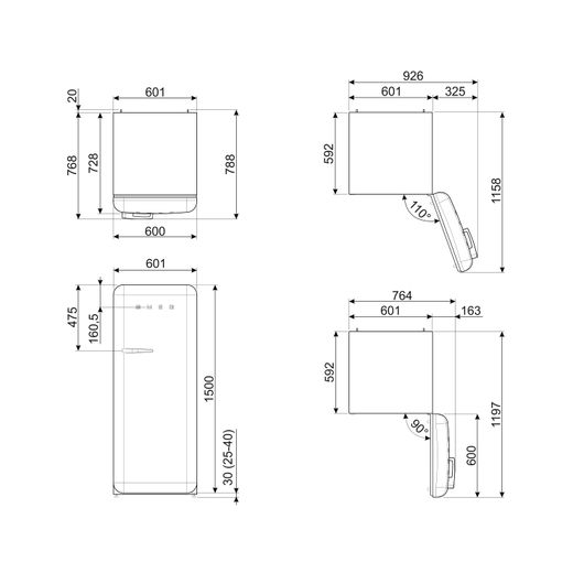 Smeg Right Hand Hinge FAB28RDSA6 153cm High Small Fridge with Ice Box - Sea Salt Green - Dimensions
