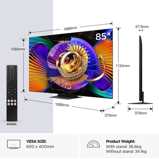 TCL 85" 4K Ultra HD SQD-Mini LED Smart Google TV [2026] - Dimensions