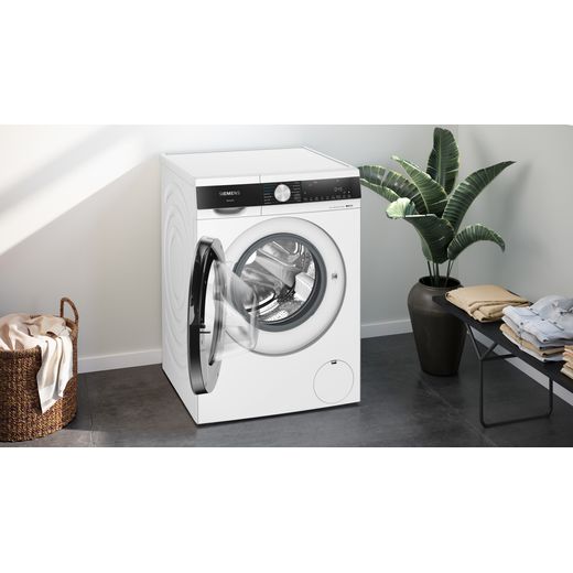 Siemens IQ-500 i-Dos™ 10.5Kg / 6.0Kg Washer Dryer - White - Washing machine in utility room door open shot