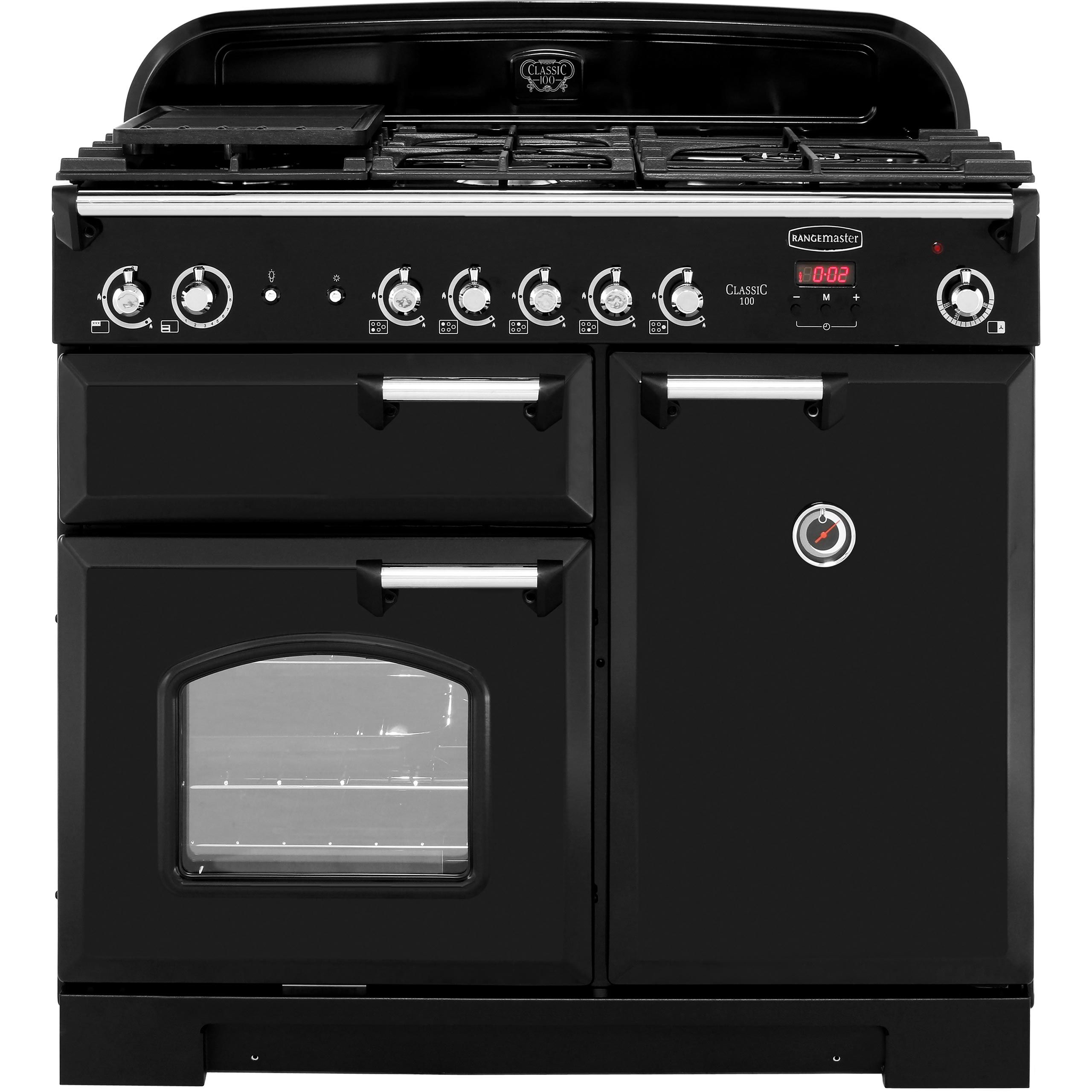 Rangemaster Classic CLA100NGFBL/C 100cm Gas Range Cooker with Electric Fan Oven - Black / Chrome - A+/A Rated, Black