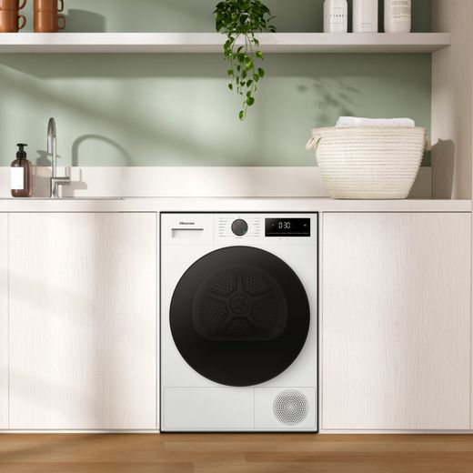 Hisense 1i KitchenFit Series DH1I900UWDCA 9Kg Heat Pump Tumble Dryer - White - tumble dryer in utility room shot