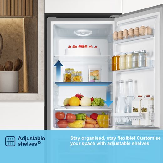 Fridgemaster MC50165ES 143cm 60/40 Small Fridge Freezer - Silver - Annotation - Adjustable shelves shot