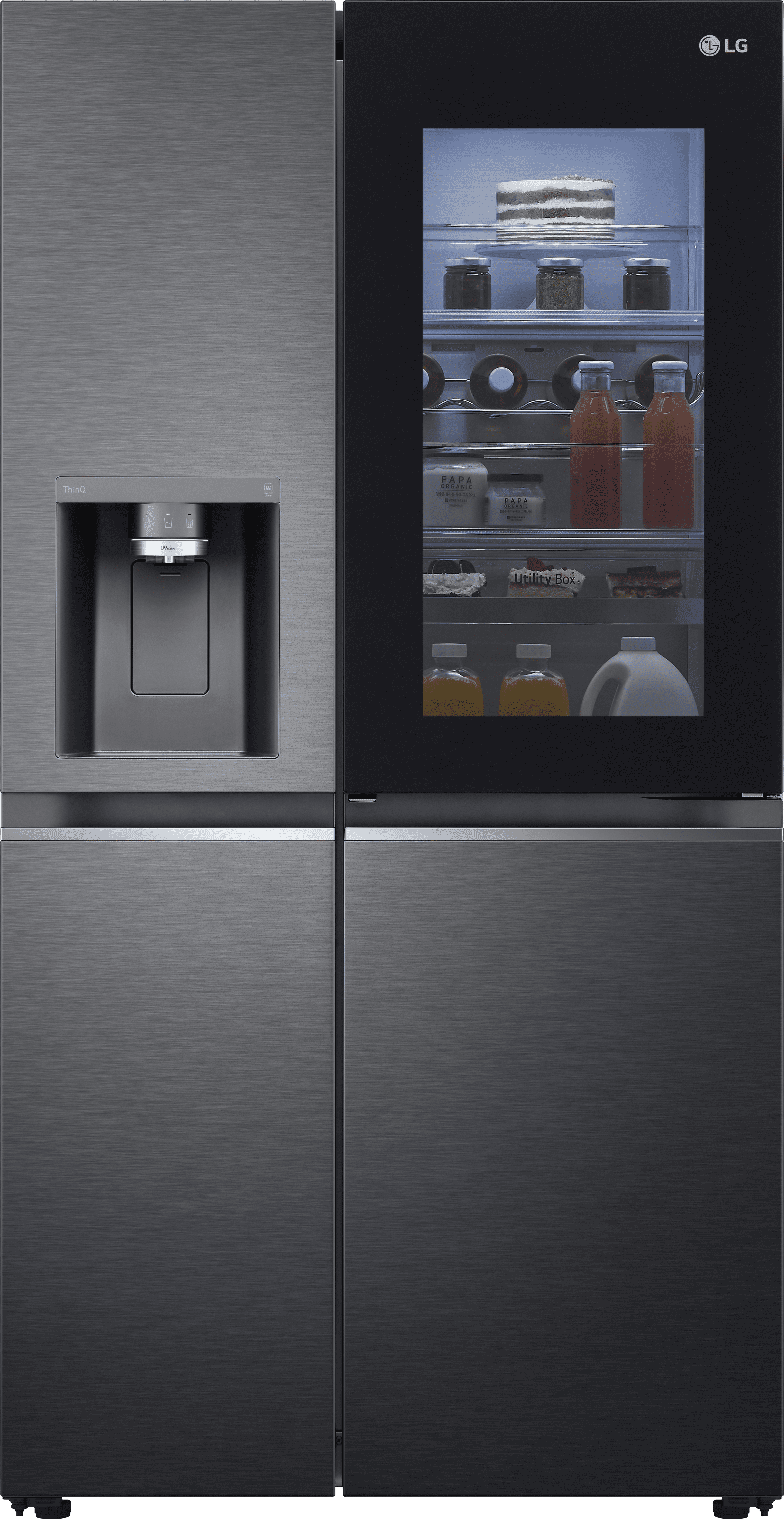 LG InstaView ThinQ GSXV90MCAE Wifi Connected Plumbed Total No Frost American Fridge Freezer - Matte Black - E Rated, Black
