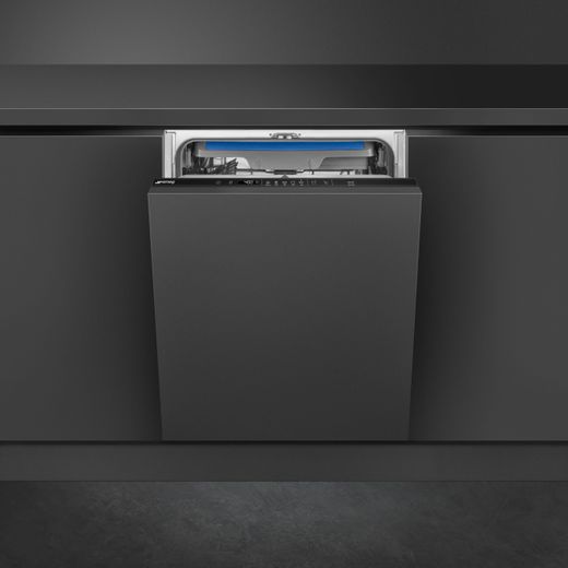 Smeg Integrated Standard Dishwasher - Black with Sliding Door Fixing Kit - Dishwasher in kitchen with door open