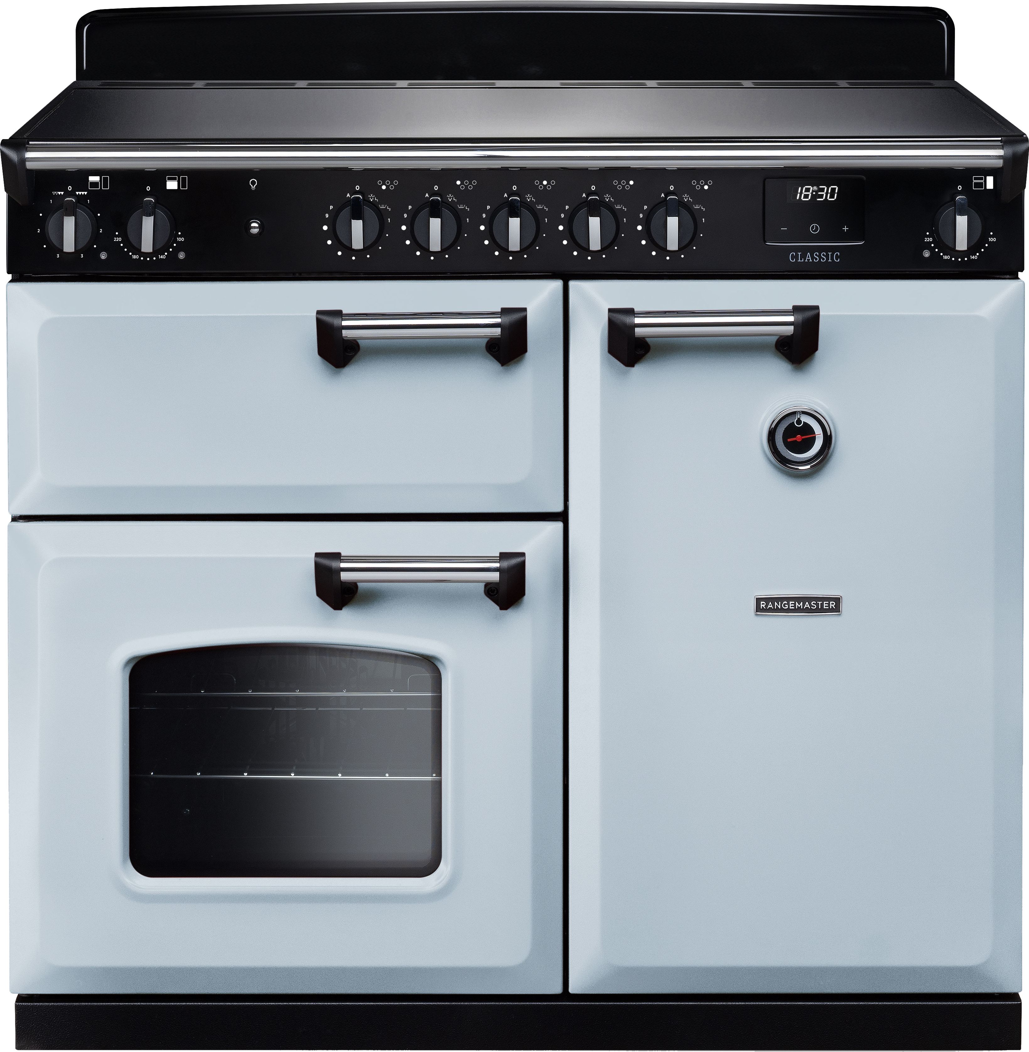 Image of Rangemaster Classic CL100EIPMSB/CM1 100cm wide Electric Range Cooker with Induction Hob - Misty Blue / Chrome - A/A Rated, Blue