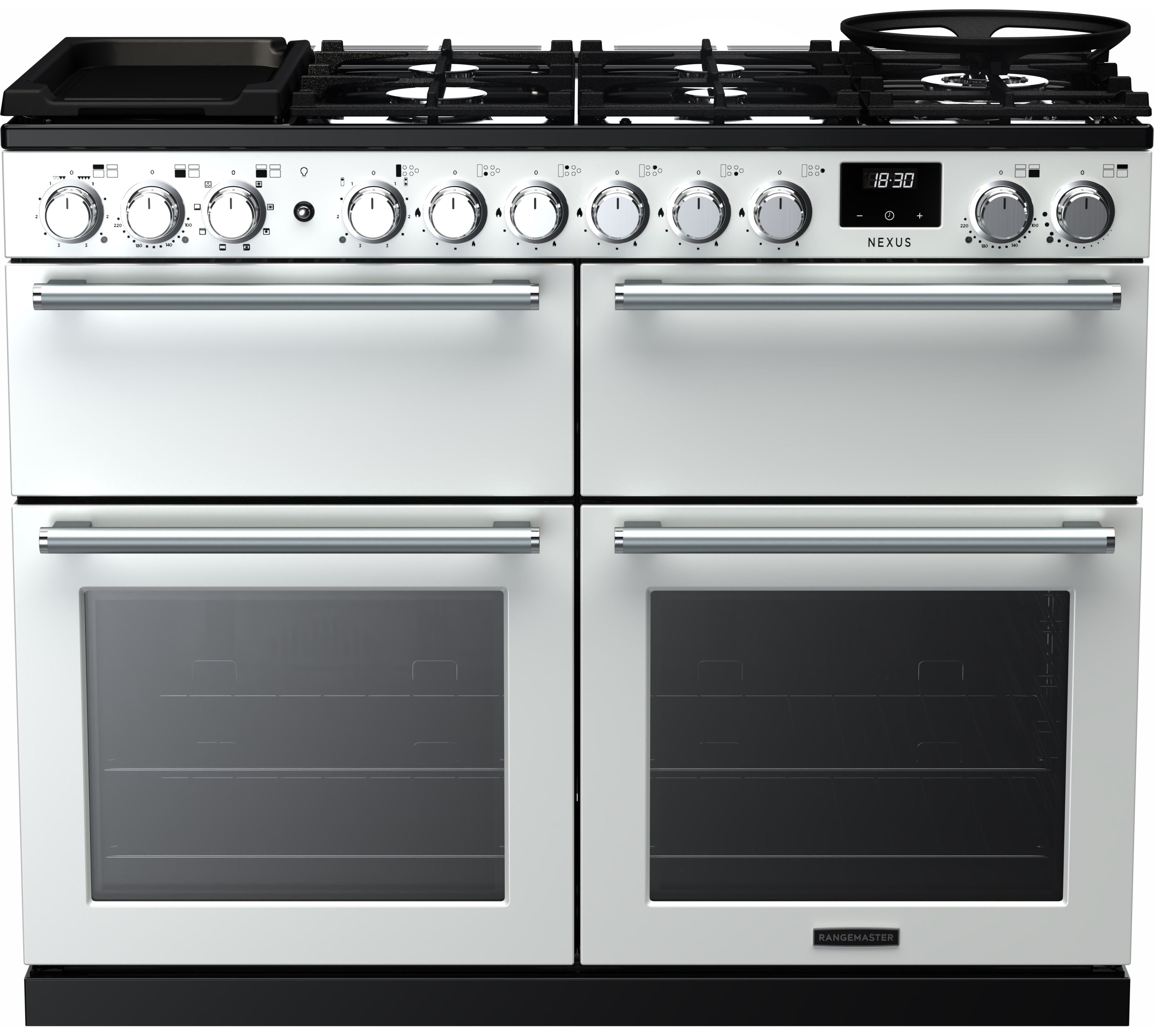 Rangemaster Nexus 110cm Dual Fuel Range Cooker - White - 7 Gas Hob Zones - A Rated
