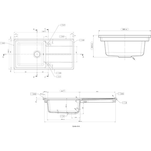 Rangemaster Arlington 1 Bowl Inset Kitchen Sink - Micro-Sheen™ Soft Brushed Finish - Annotation - dimesons shot